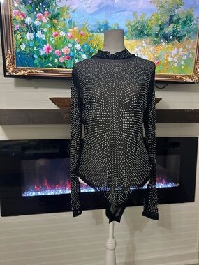 Black Studded Long-Sleeve Mesh Bodysuit